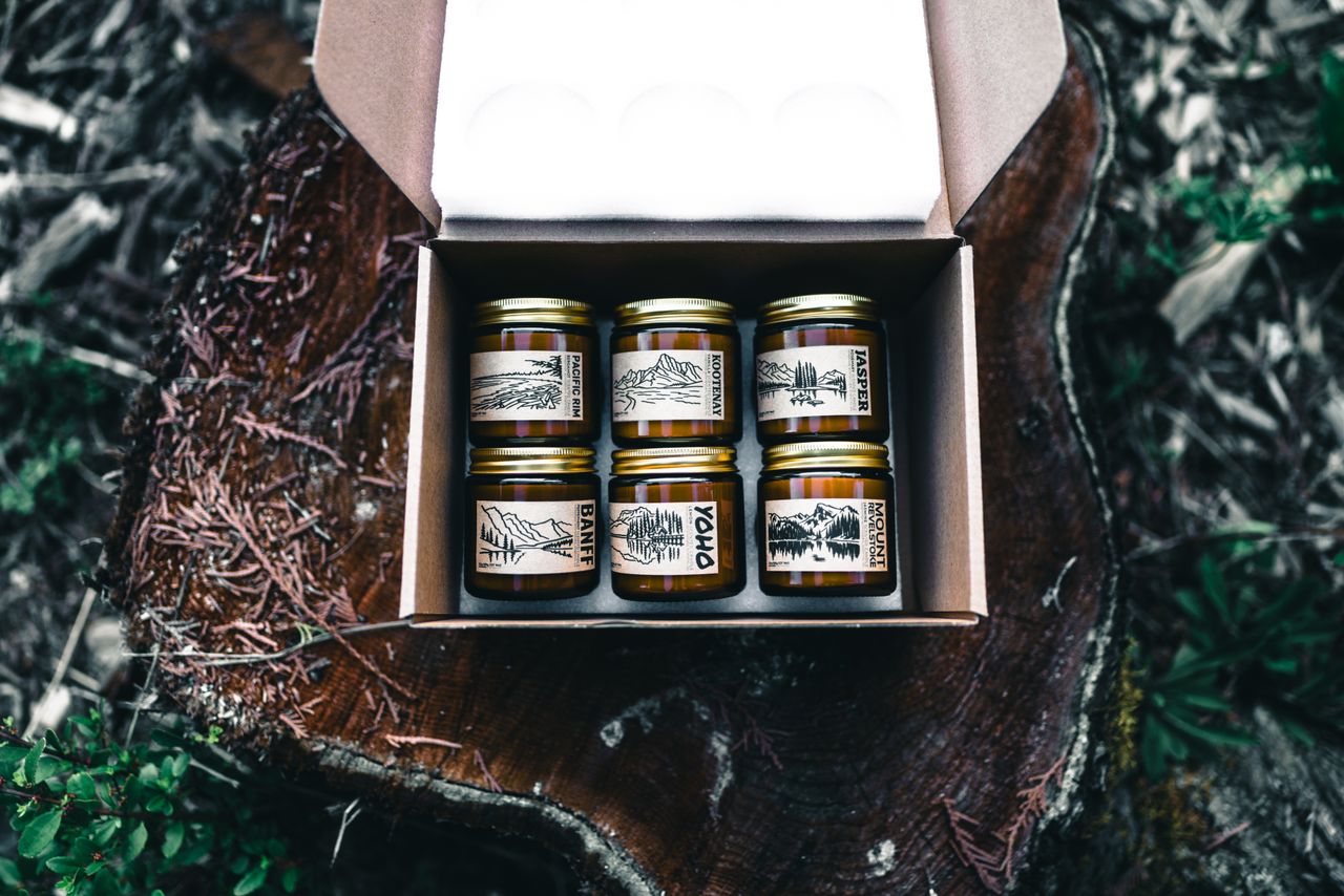 Handcrafted candles in a box placed on a tree stump in the forest, showcasing nature and adventure.